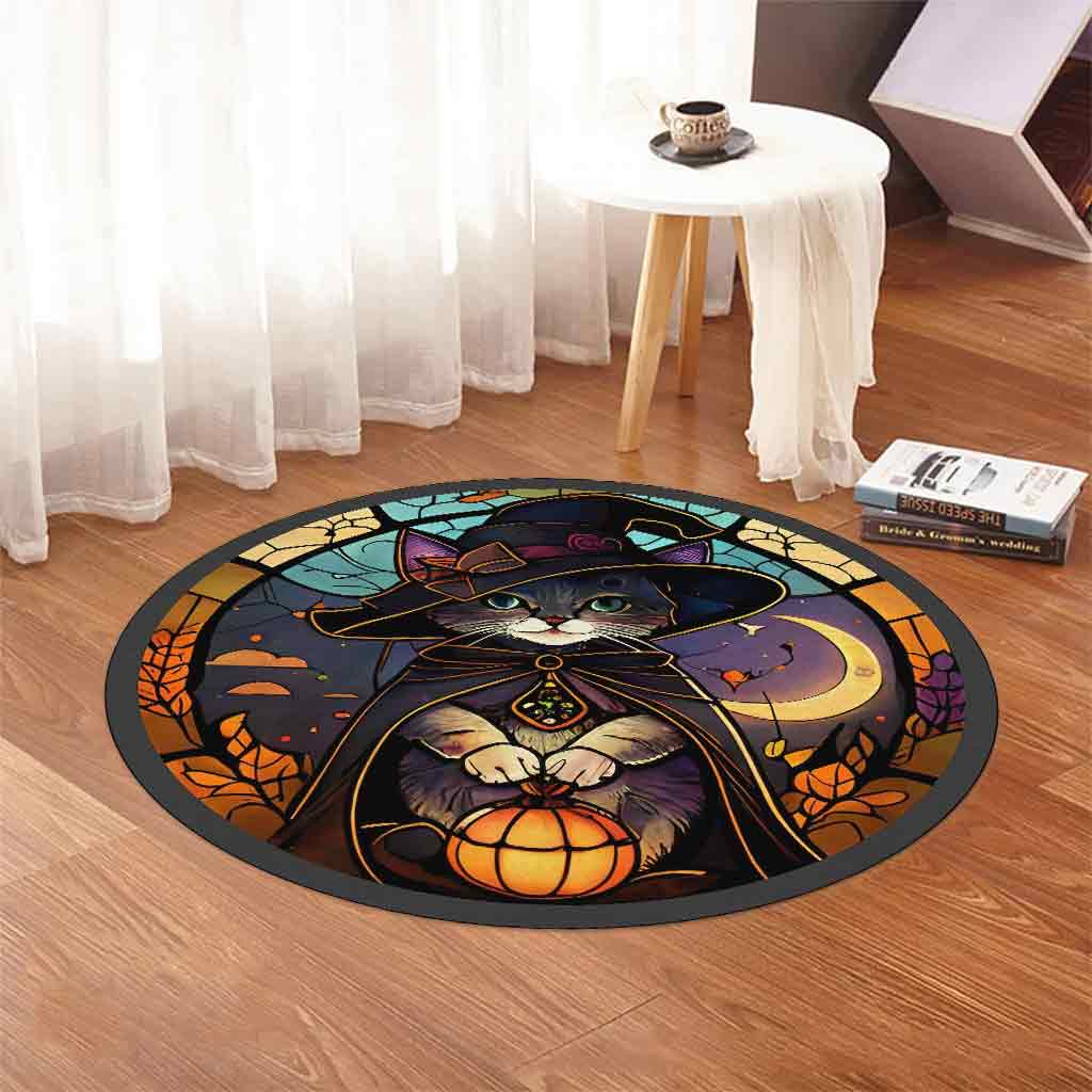 Hello Pumpkin Black Cat Round Rug