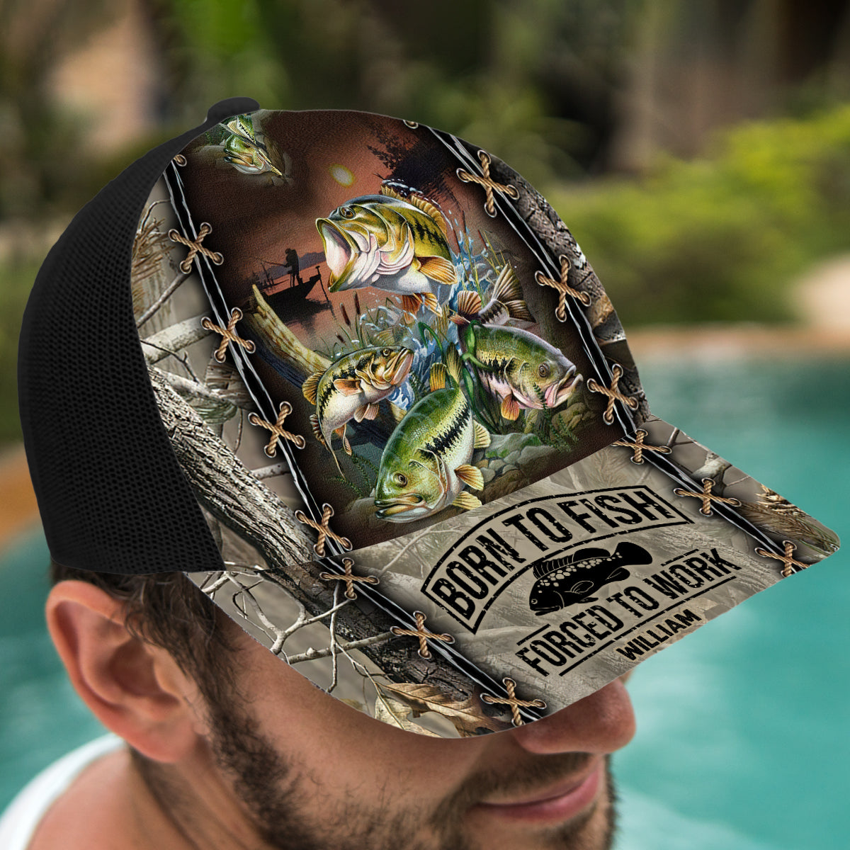 Born To Fish Forced To Work - Personalized Fishing Trucker Hat (Black Mesh)