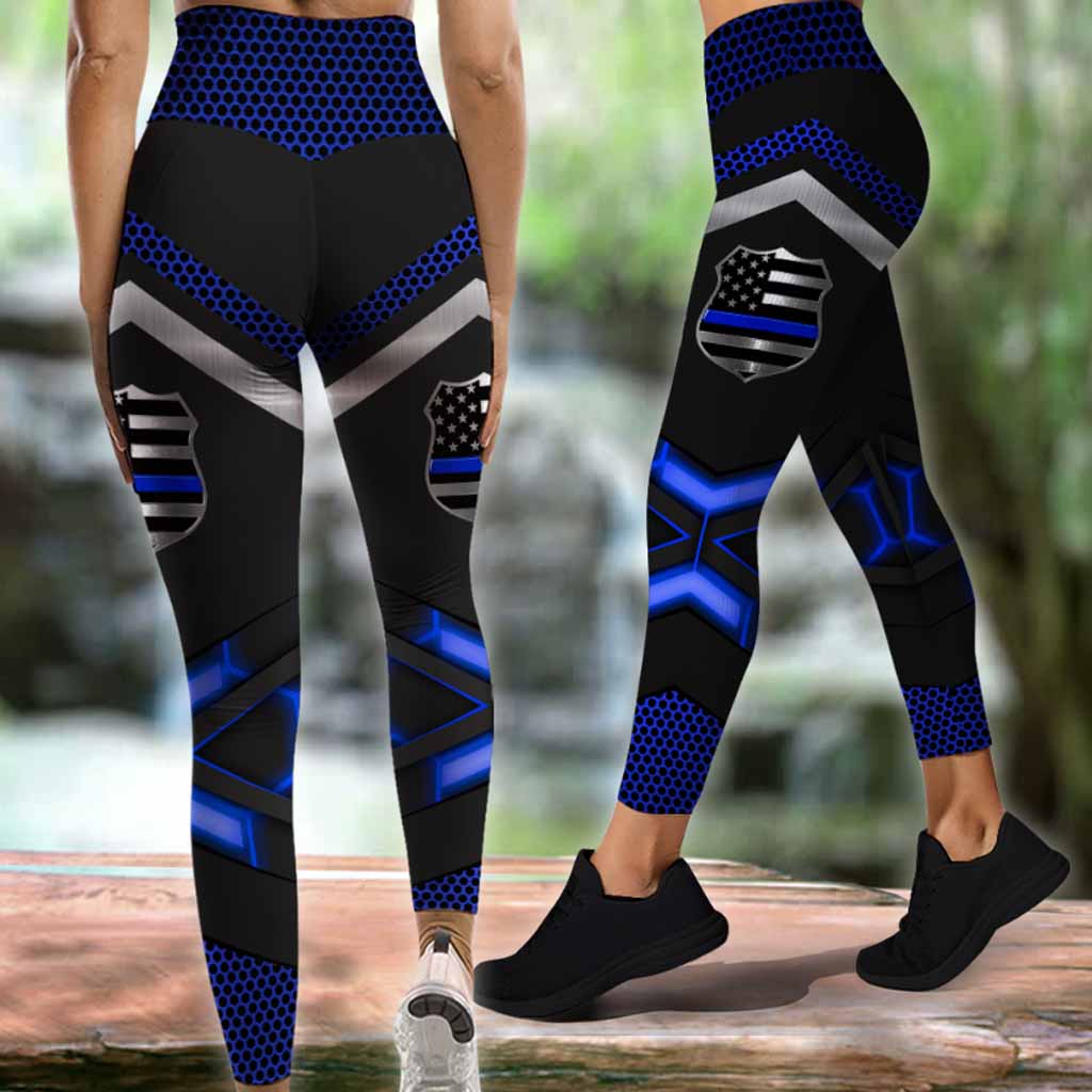 I've Got Your Six - Police Officer Metal Pattern Print Leggings And Hollow Tank Top