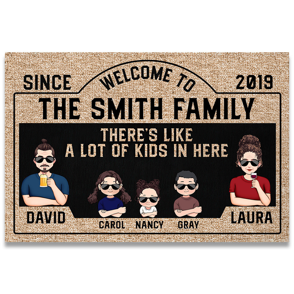 There's Like A Lot Of Kids In Here - Personalized Husband And Wife Doormat
