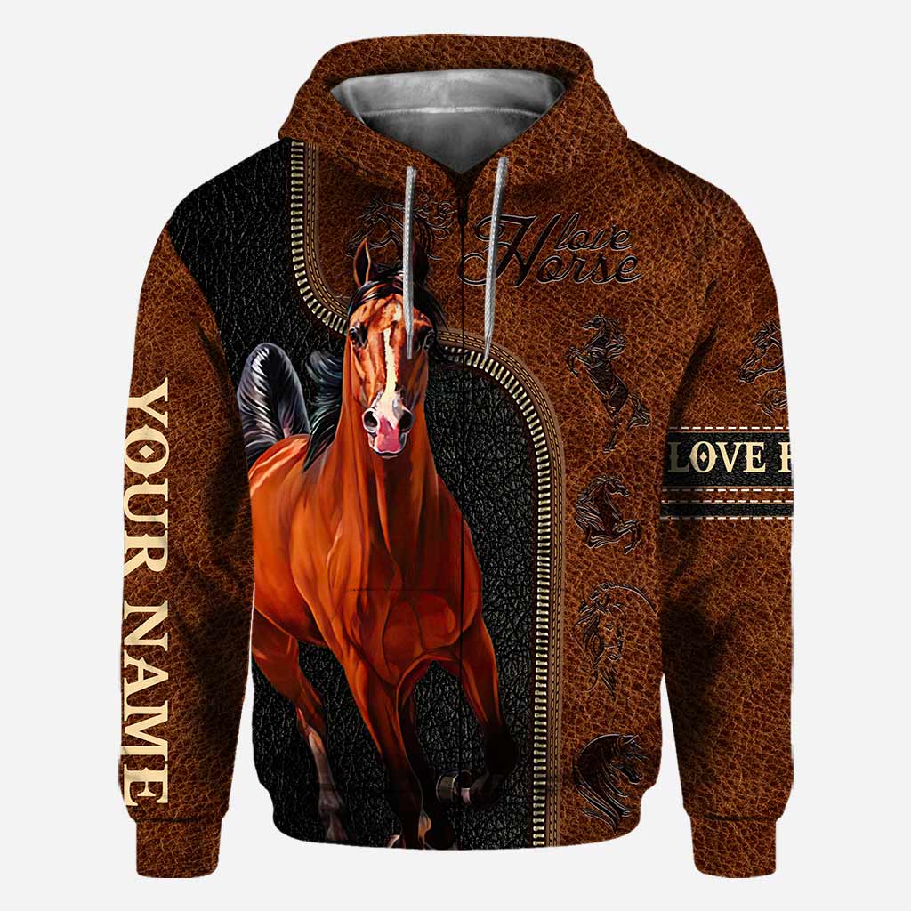 Love Horses - Personalized All Over T-shirt and Hoodie With Leather Pattern Print