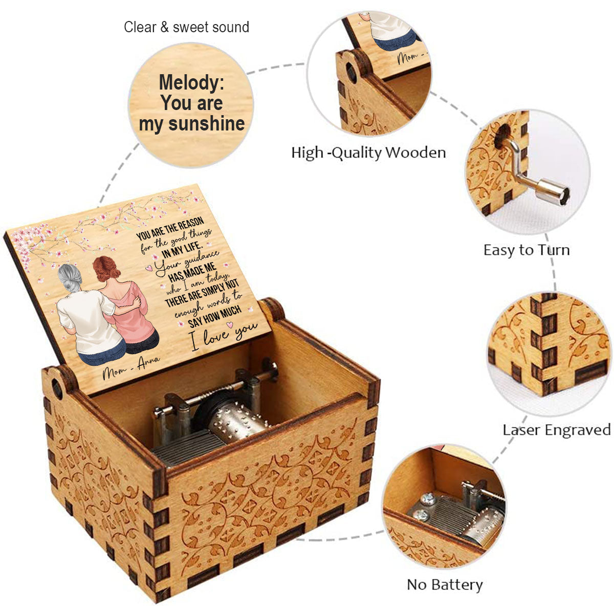 You Are The Reason - Gift for mom, grandma - Personalized Hand Crank Music Box