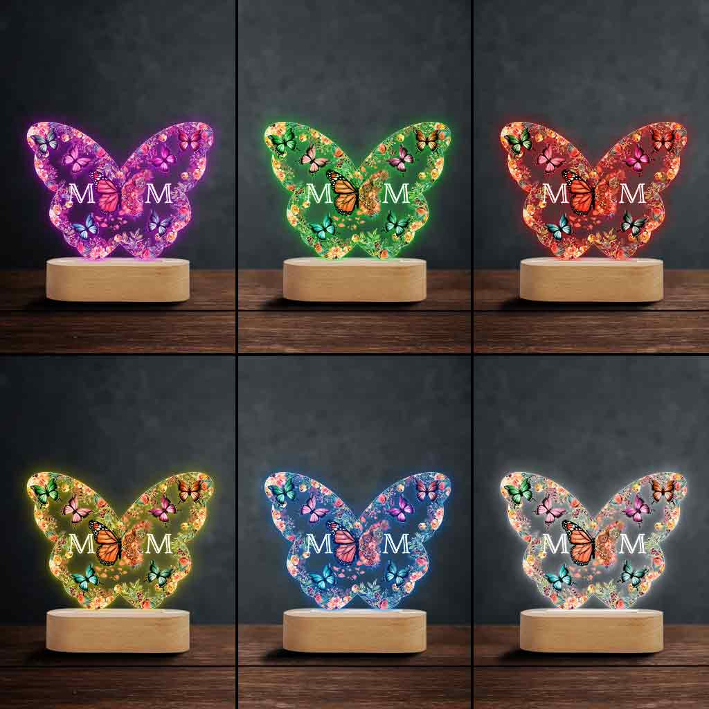 Mother And Children Butterflies - Personalized Mother Shaped Plaque Light Base