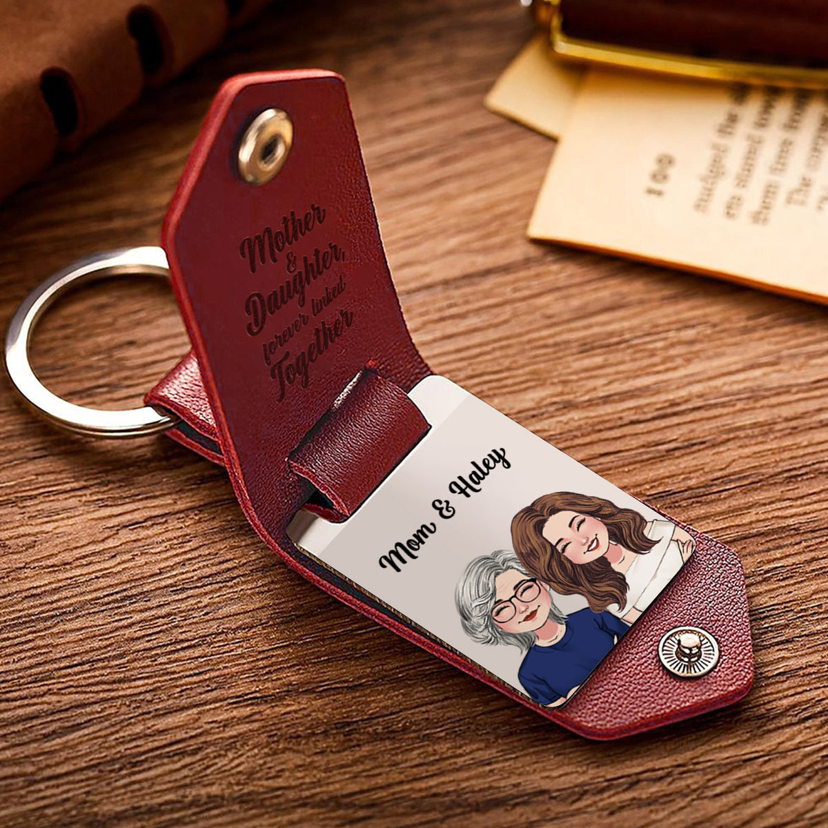 Mother And Daughter And Son Forever Linked Together - Personalized Mother Leather Photo Keychain