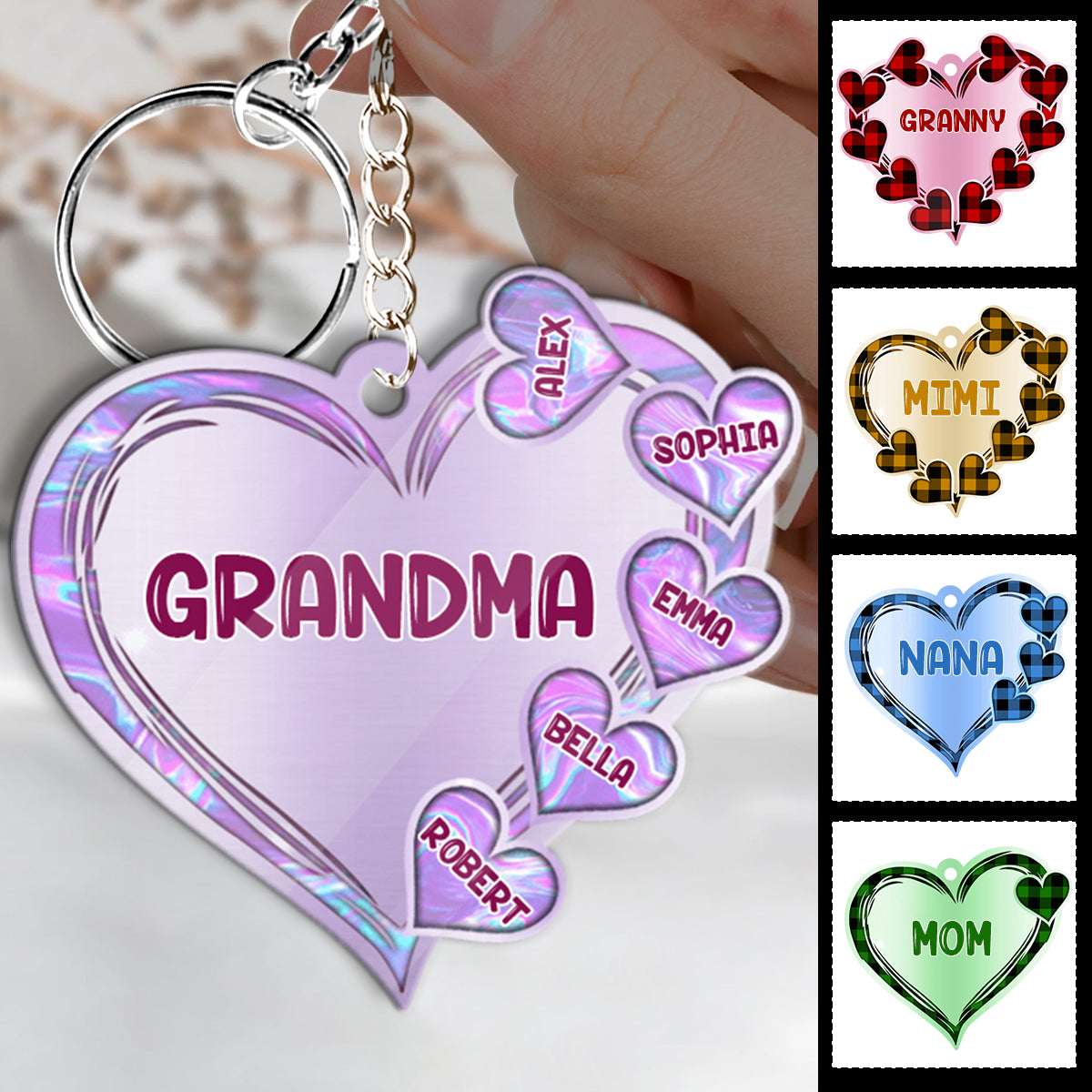 Grandma Heart Hologram Buffalo Plaid - Personalized Grandma Keychain