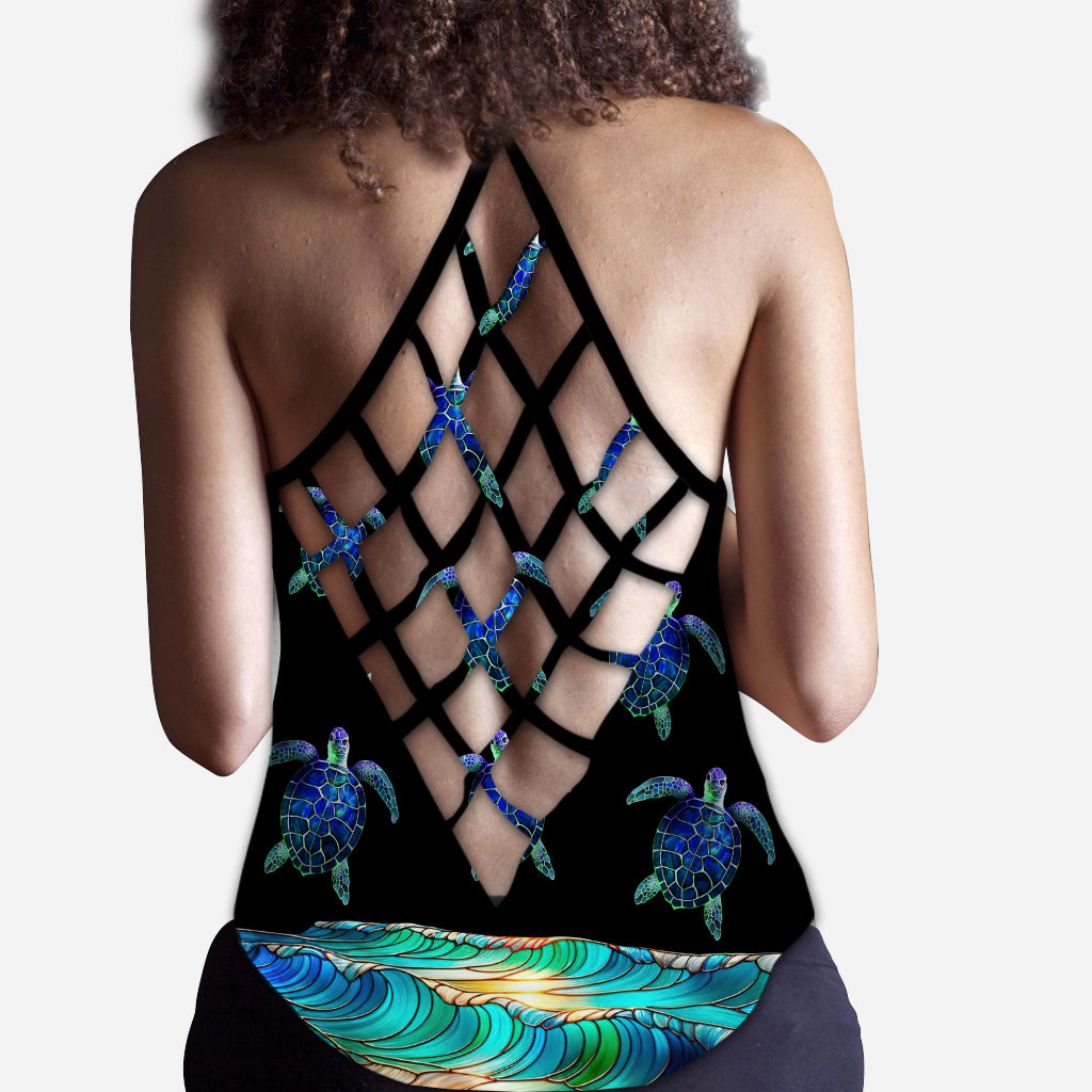 Salty Lil Beach Colorful Stained Glass Pattern - Personalized Turtle Cross Tank Top
