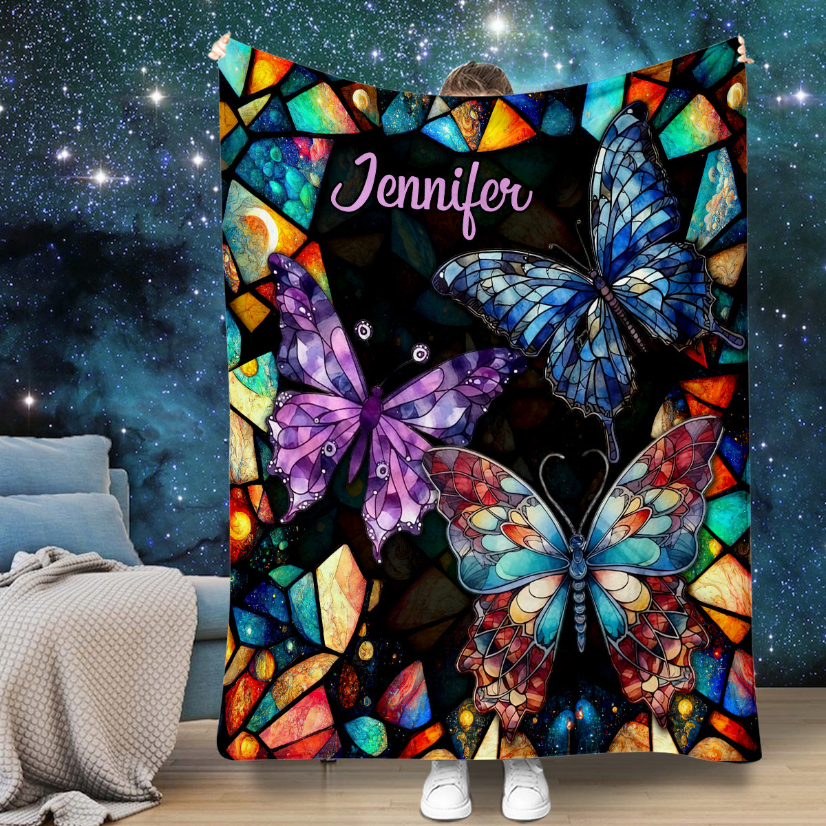 Discover Colorful Butterfly Stained Glass Pattern Custom Mother's Day Personalized Blanket