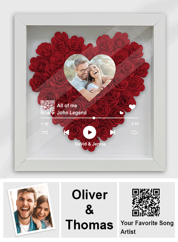 Custom Photo Scannable QR Code Favorite Song - Personalized Couple Flower Shadow Box