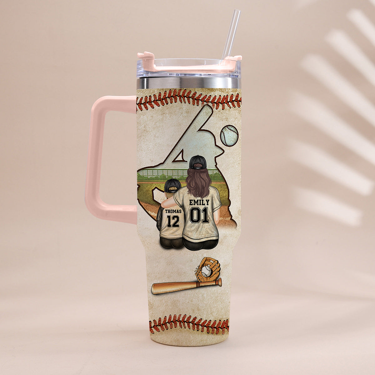 Behind Every Baseball Players Is A Mom - Personalized Baseball Tumbler With Handle