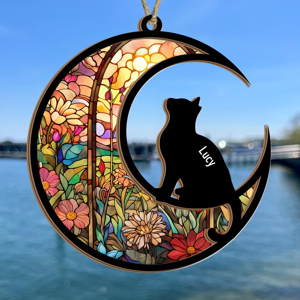 Stained Glass Pattern Cat Silhouette - Personalized Cat Suncatcher