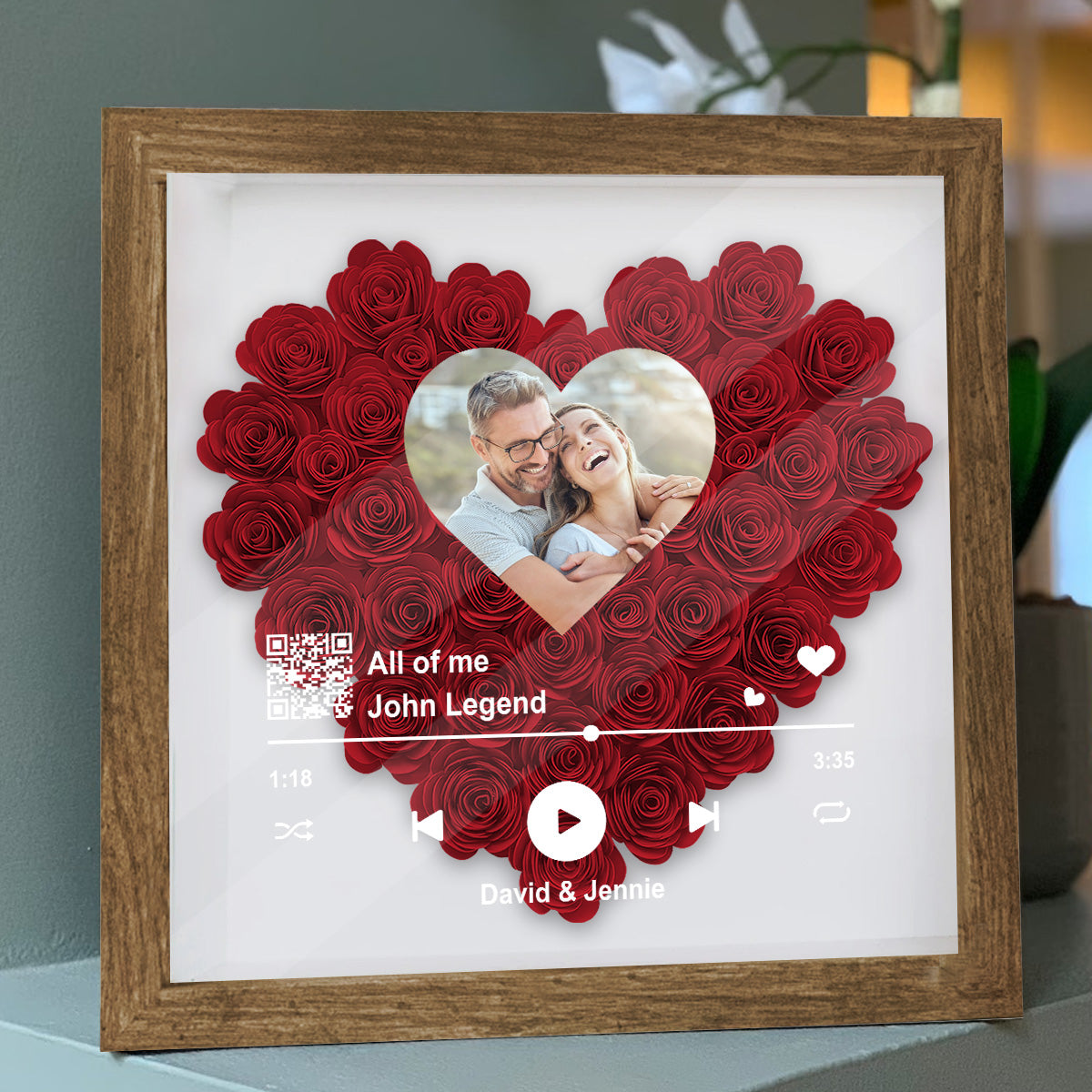 Custom Photo Scannable QR Code Favorite Song - Personalized Couple Flower Shadow Box