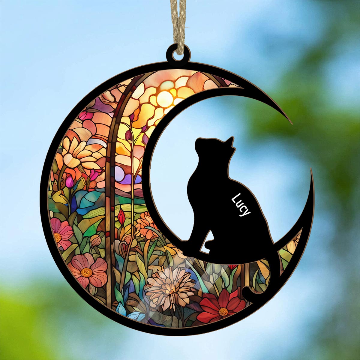 Stained Glass Pattern Cat Silhouette - Personalized Cat Suncatcher