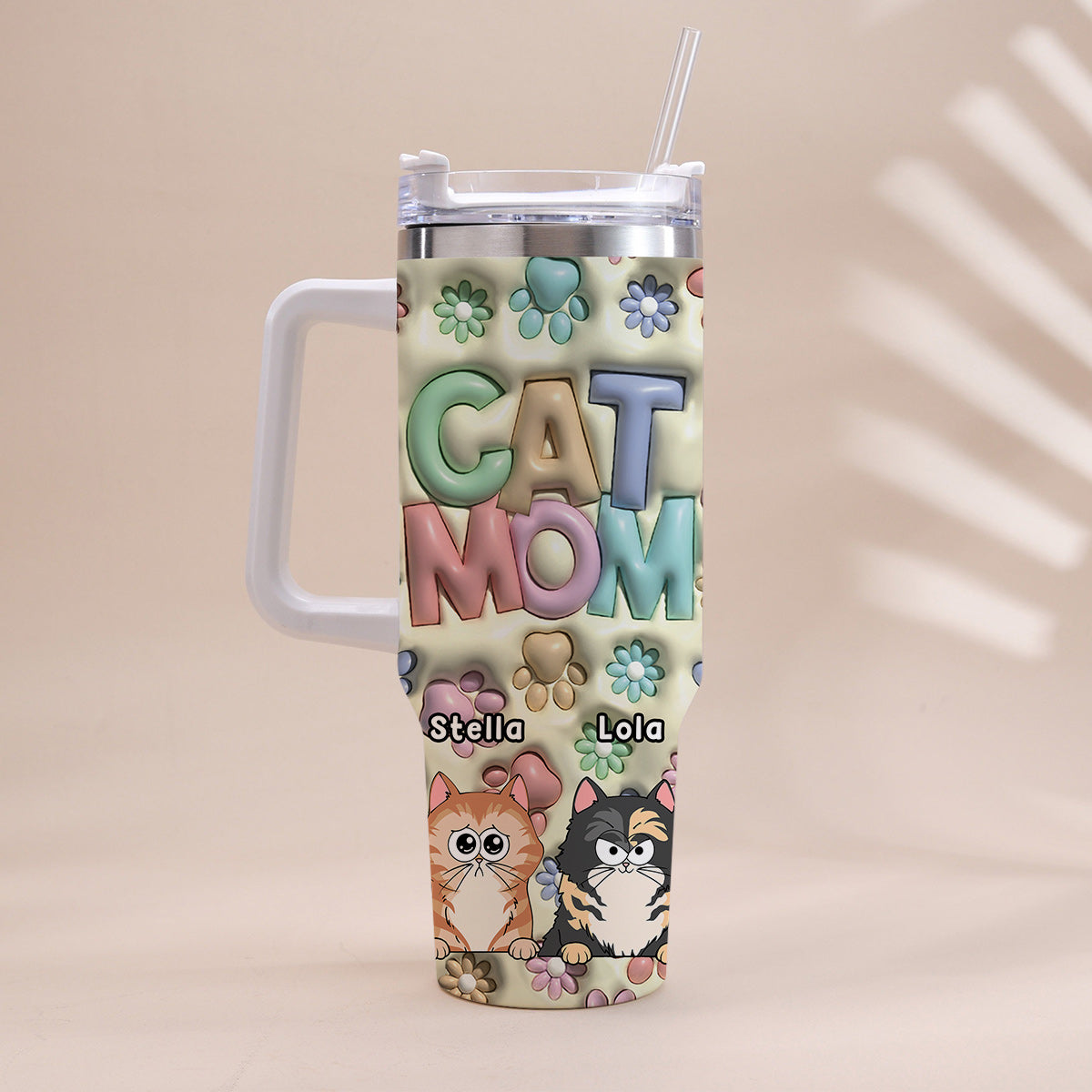 Pet Mom/ Pet Dad Inflated Paws & Flowers - Personalized Dog Tumbler With Handle