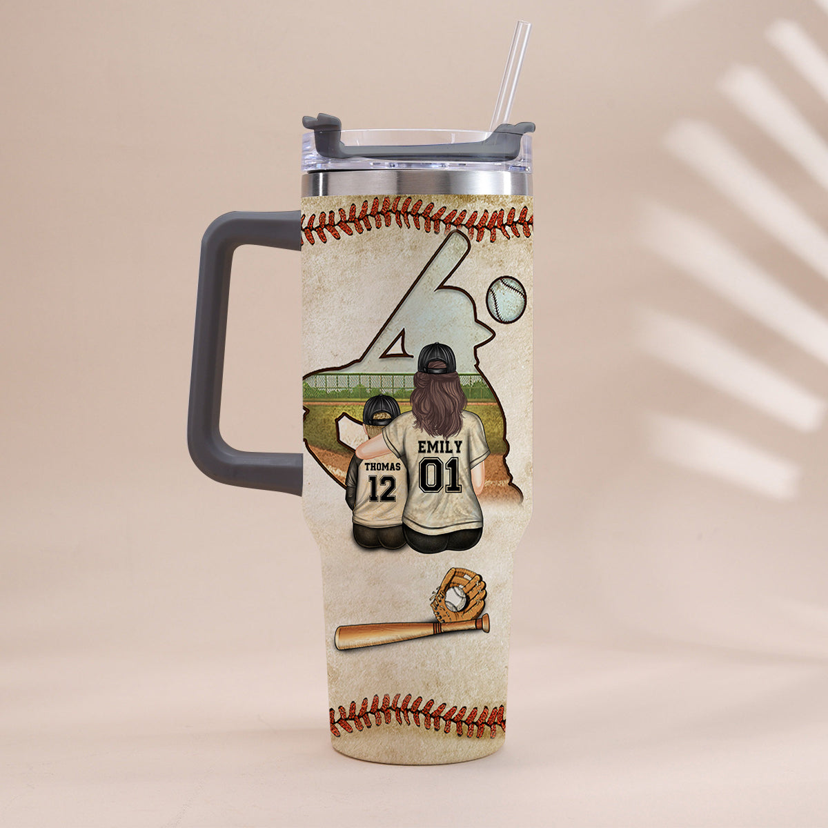 Behind Every Baseball Players Is A Mom - Personalized Baseball Tumbler With Handle