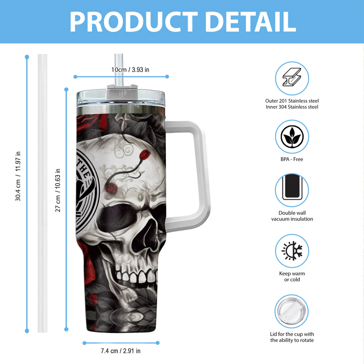 Have The Day You Deserve Skull And Rose - Personalized Skull Tumbler With Handle