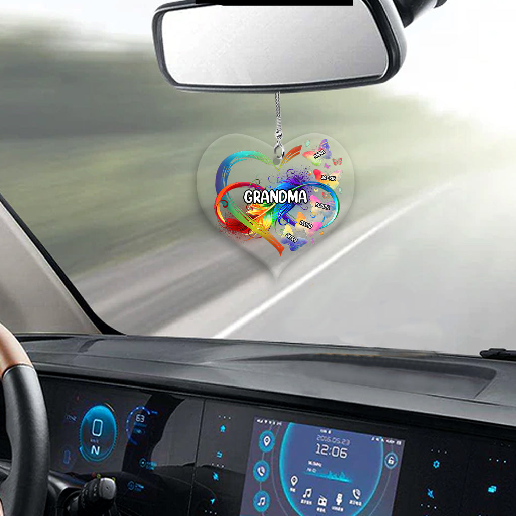 Grandma Colorful Heart Infinite Feather Butterfly - Personalized Acrylic Car Hanger