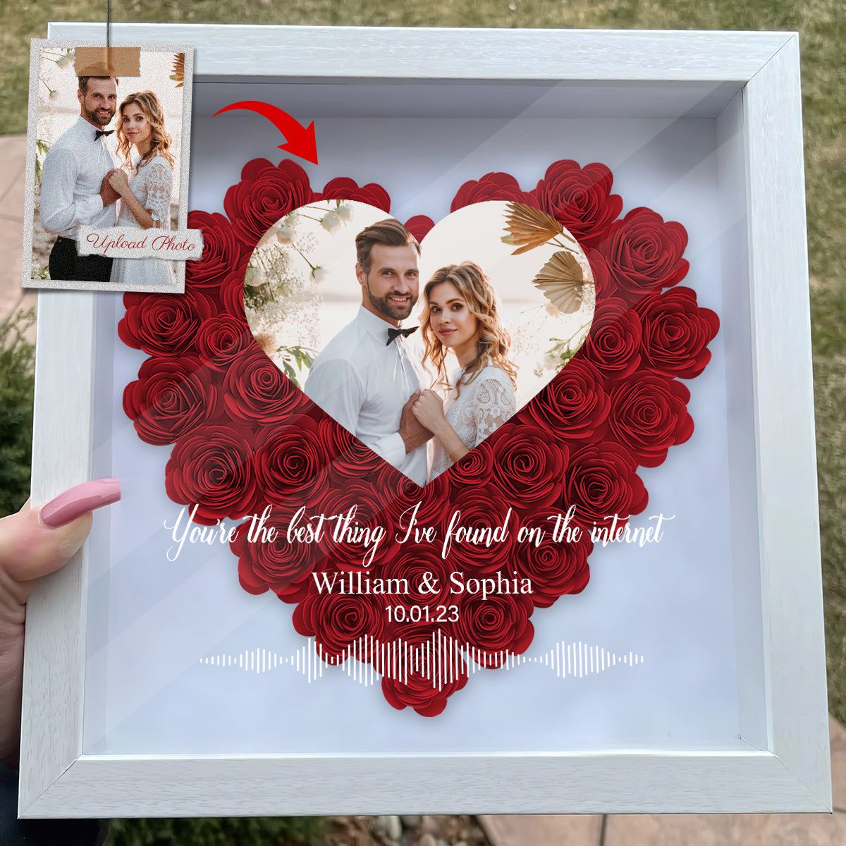 Discover Custom Photo, Names, Date, Message And Soundwave - Personalized Couple Flower Frame Box