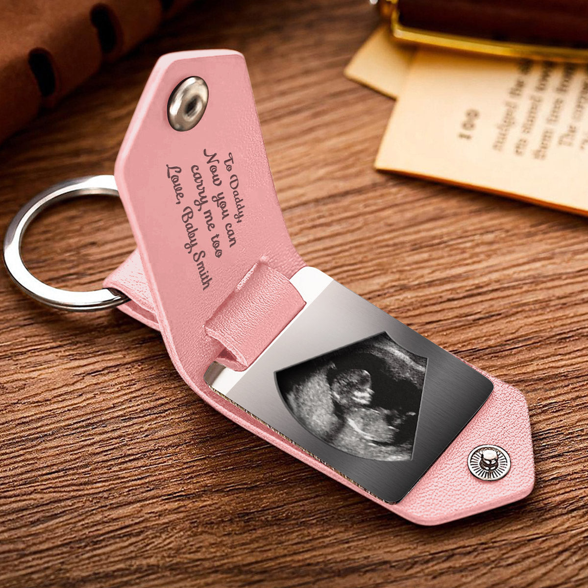 Now You Can Carry Me Daddy - Personalized Pregnancy Leather Photo Keychain