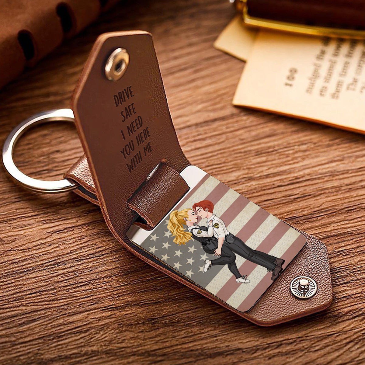 Drive Safe I Need You Here With Me - Personalized Couple Leather Photo Keychain