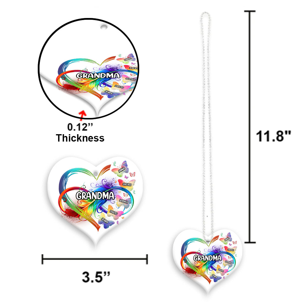 Grandma Colorful Heart Infinite Feather Butterfly - Personalized Acrylic Car Hanger