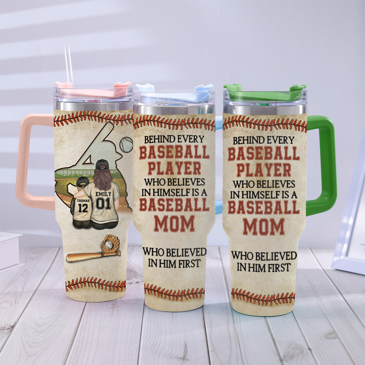 Behind Every Baseball Players Is A Mom - Personalized Baseball Tumbler With Handle