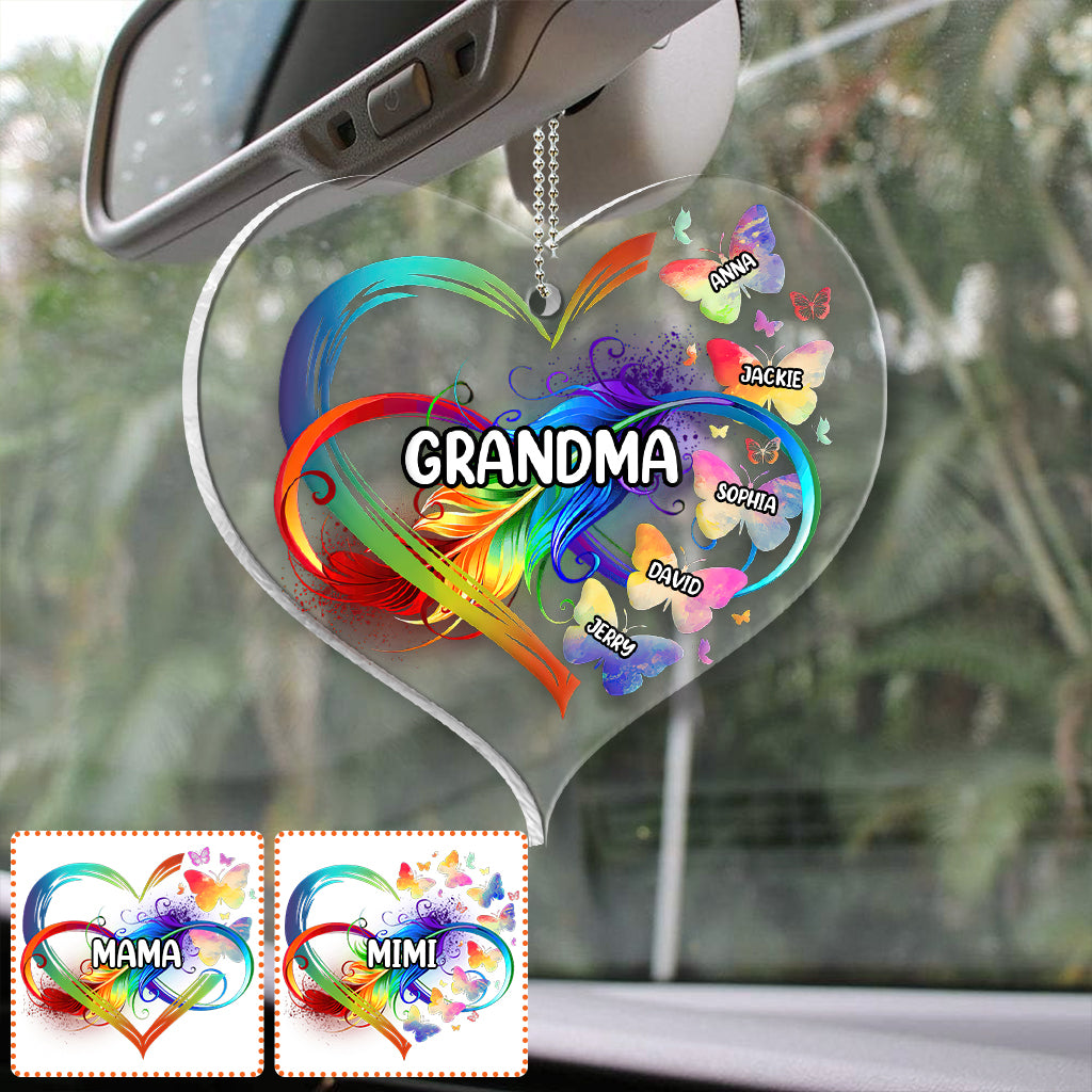 Grandma Colorful Heart Infinite Feather Butterfly - Personalized Acrylic Car Hanger