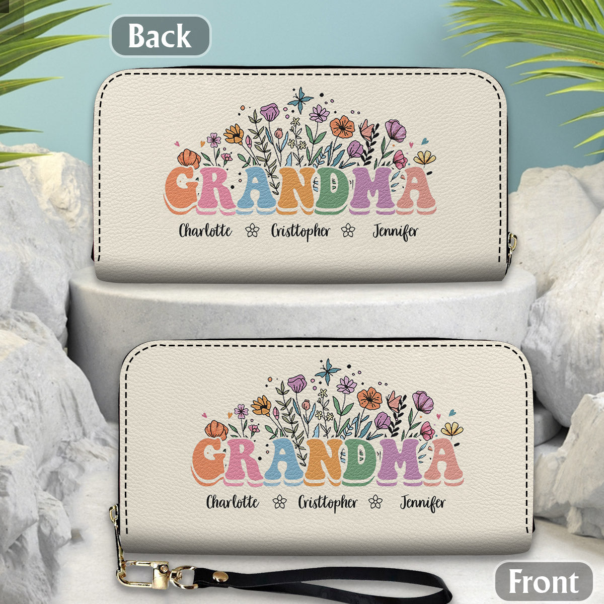 Mom Grandma Floral - Personalized Grandma Leather Long Wallet