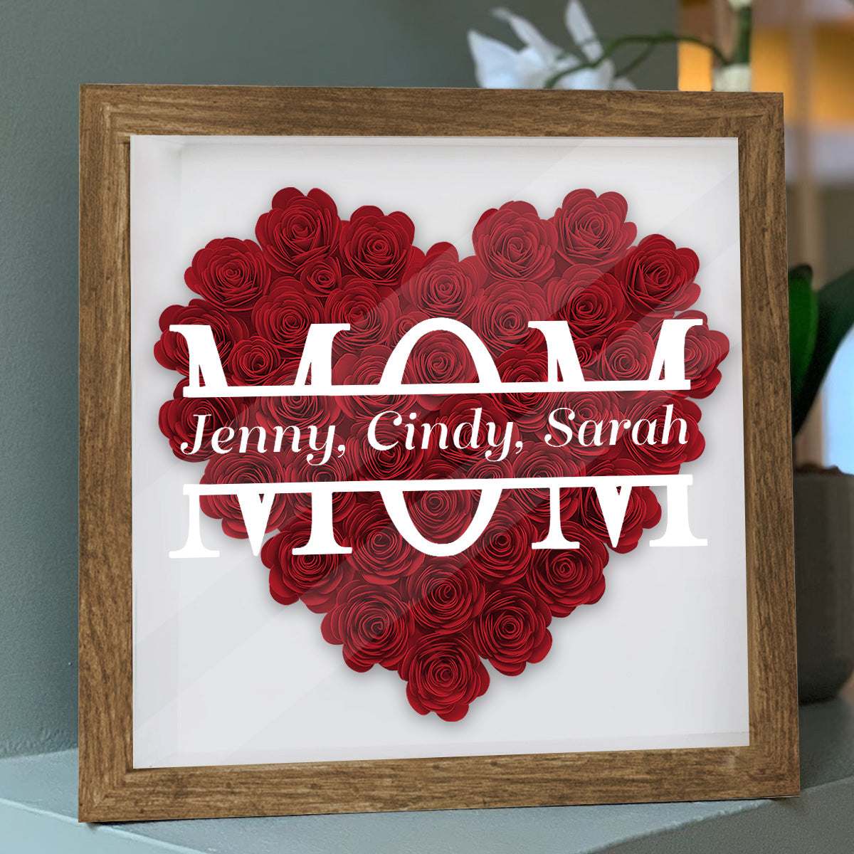 Mom We Love You Rose Heart - Personalized Mother Flower Shadow Box