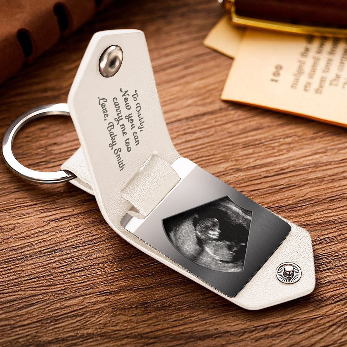 Now You Can Carry Me Daddy - Personalized Pregnancy Leather Photo Keychain