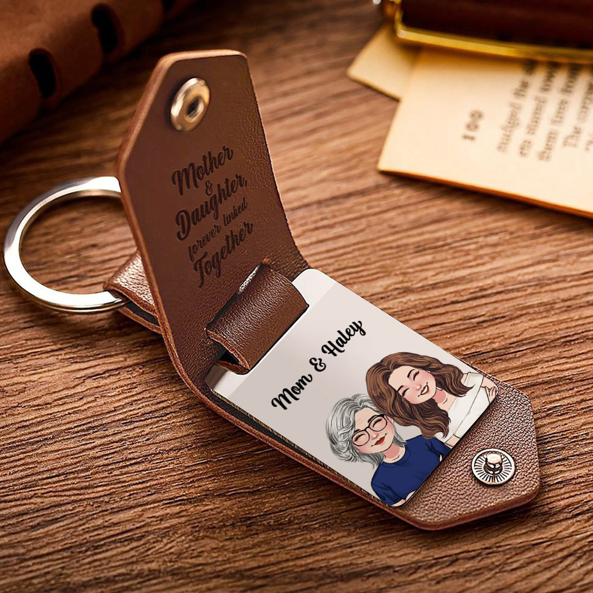 Mother And Daughter And Son Forever Linked Together - Personalized Mother Leather Photo Keychain