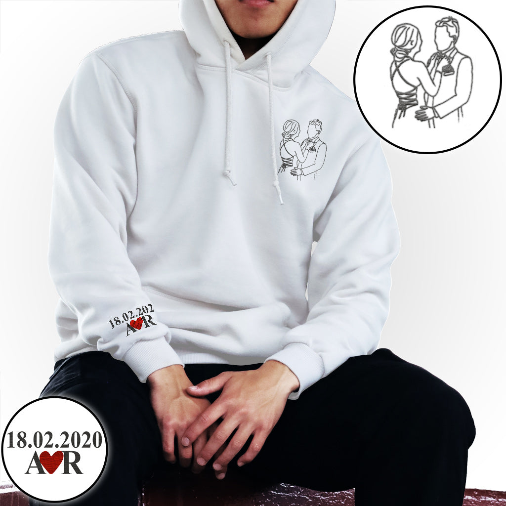 Custom Photo Line Art - Personalized Couple Embroidered Hoodie