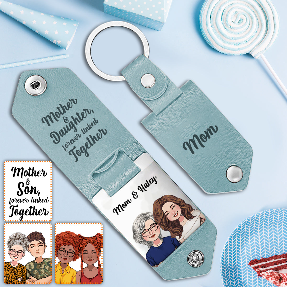 Mother And Daughter And Son Forever Linked Together - Personalized Mother Leather Photo Keychain