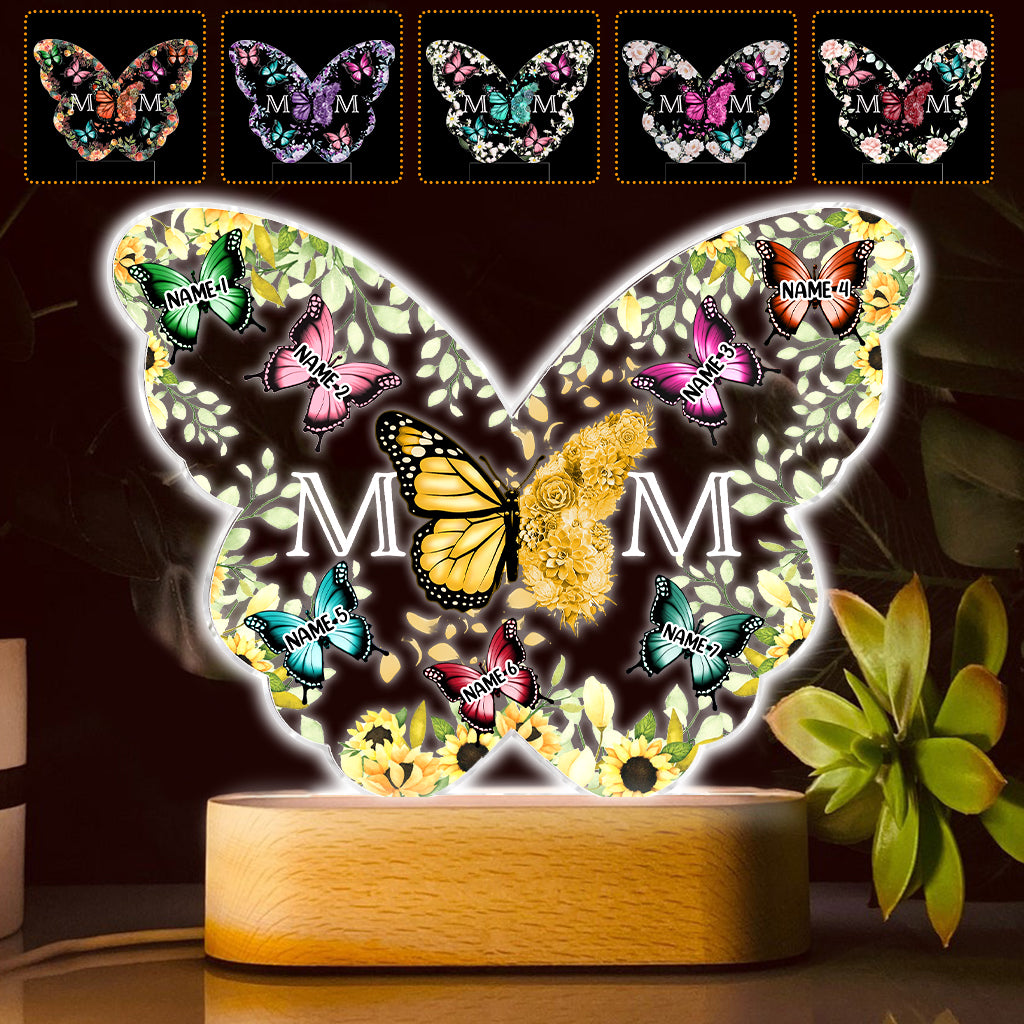 Mother And Children Butterflies - Personalized Mother Shaped Plaque Light Base