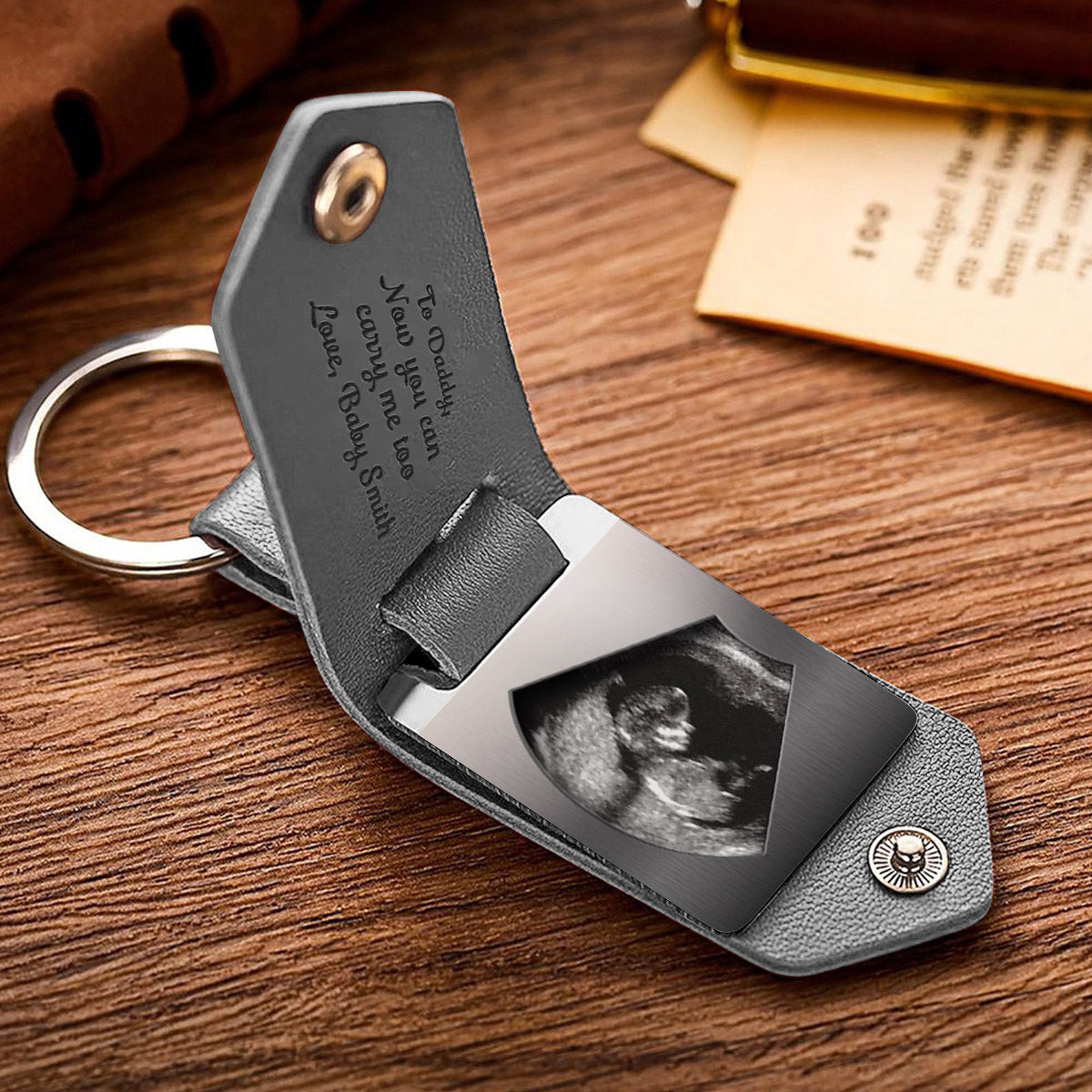 Now You Can Carry Me Daddy - Personalized Pregnancy Leather Photo Keychain