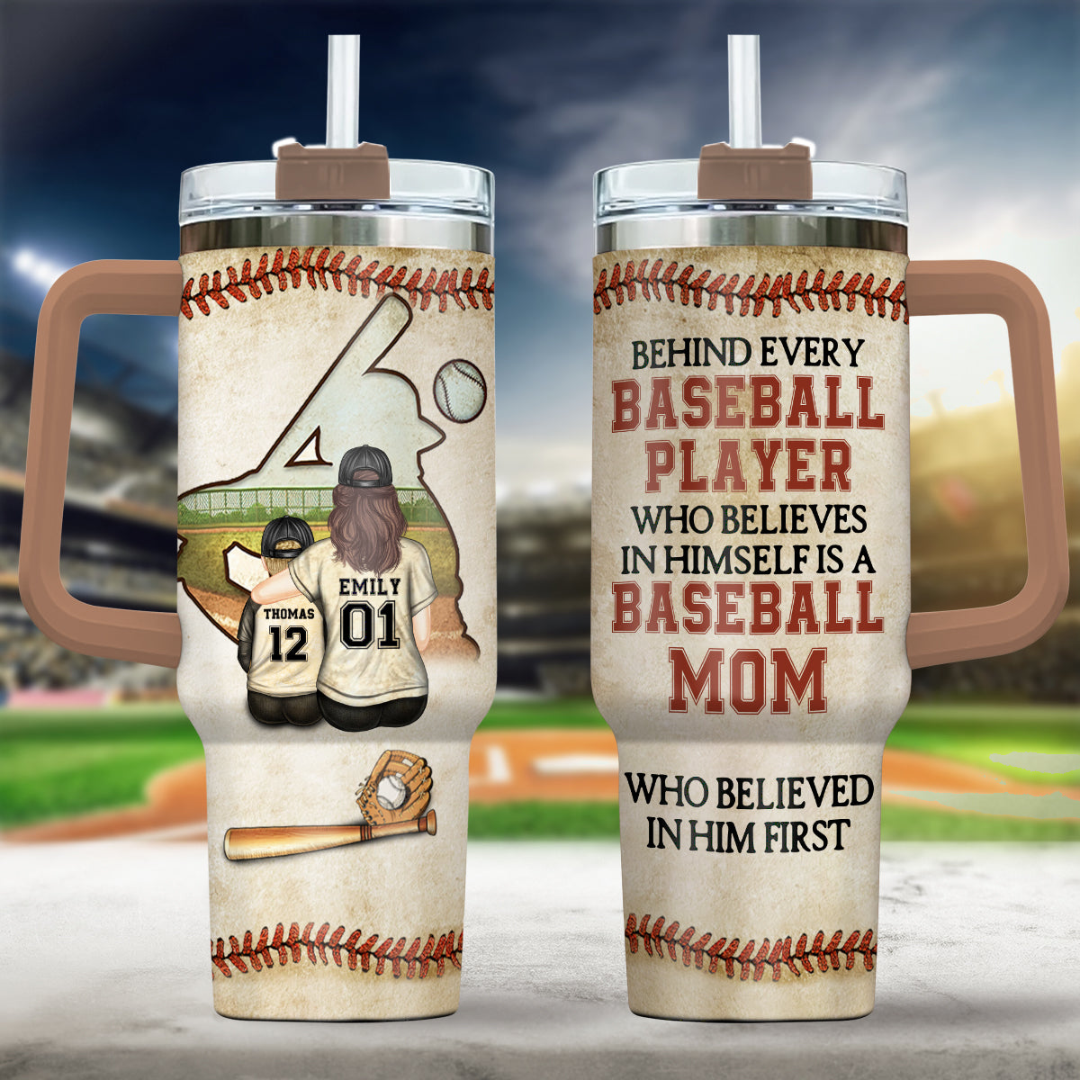 Behind Every Baseball Players Is A Mom - Personalized Baseball Tumbler With Handle