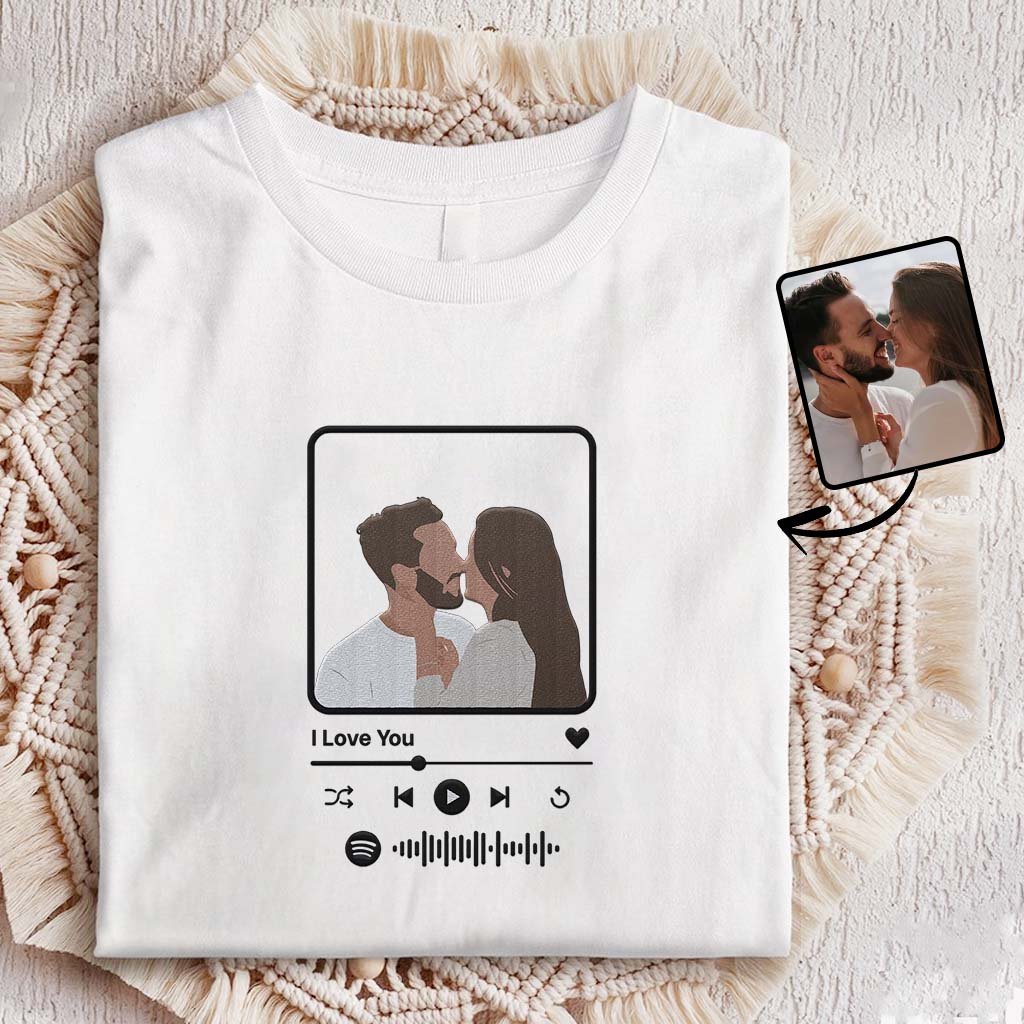 Custom 2D Flat Photo And Soundwave - Personalized Couple Embroidered T-shirt