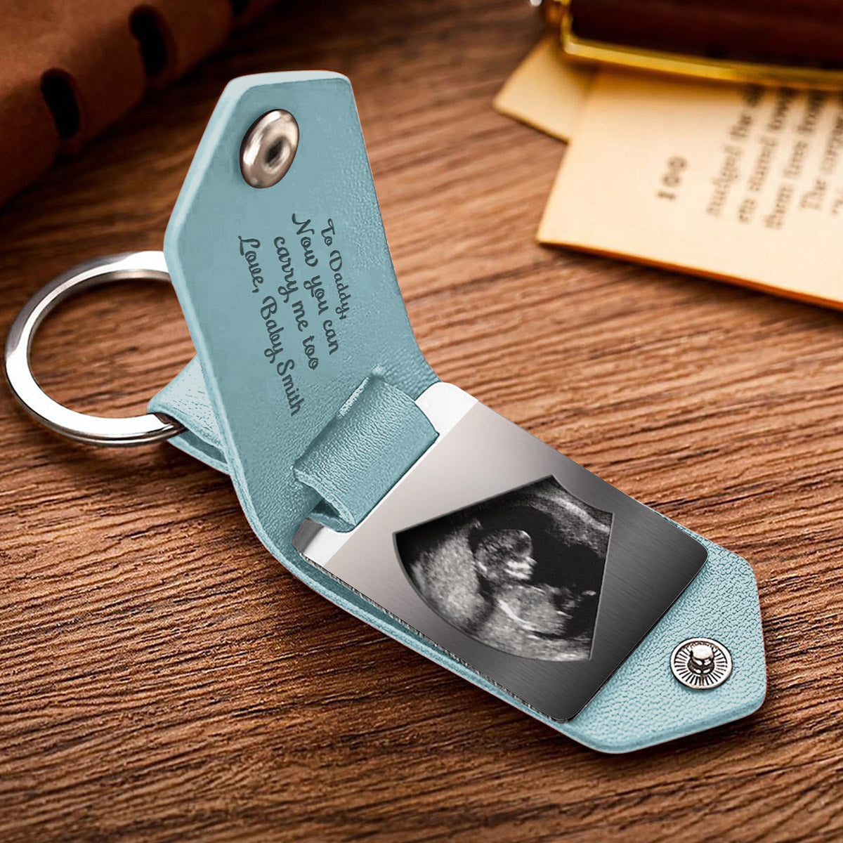 Now You Can Carry Me Daddy - Personalized Pregnancy Leather Photo Keychain