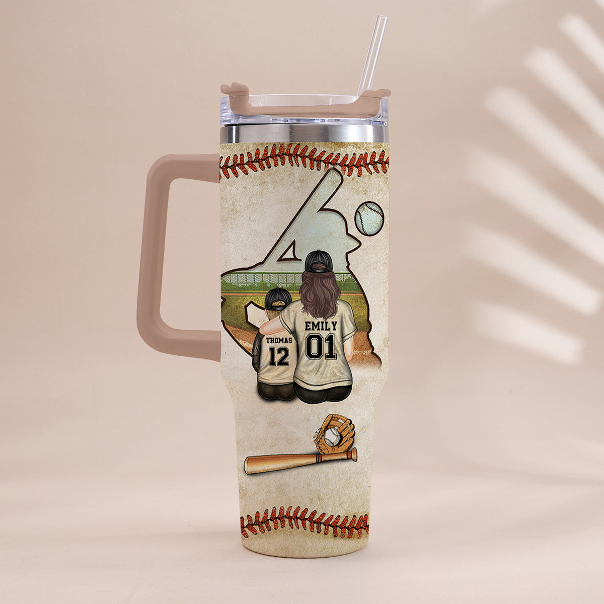 Behind Every Baseball Players Is A Mom - Personalized Baseball Tumbler With Handle