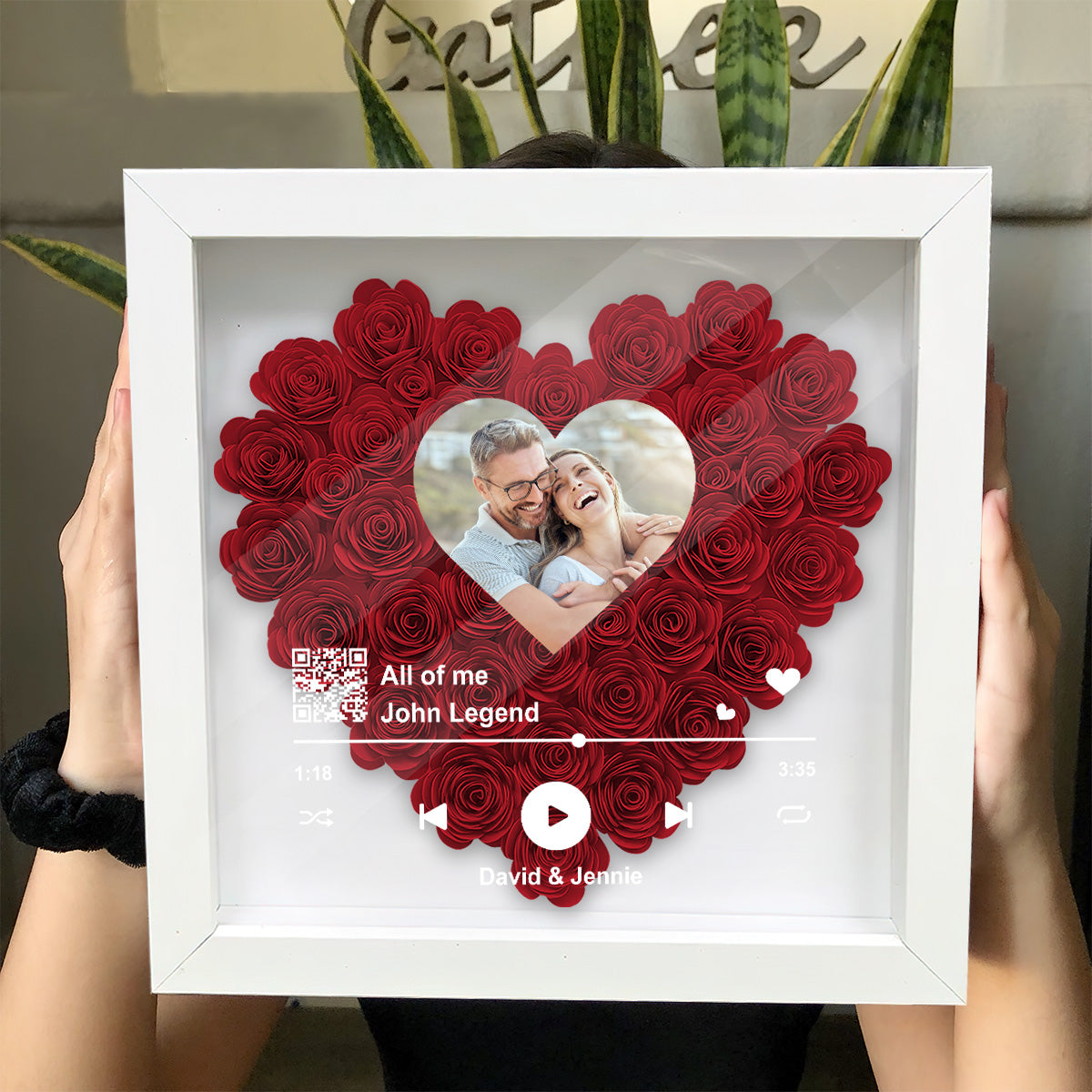 Custom Photo Scannable QR Code Favorite Song - Personalized Couple Flower Shadow Box