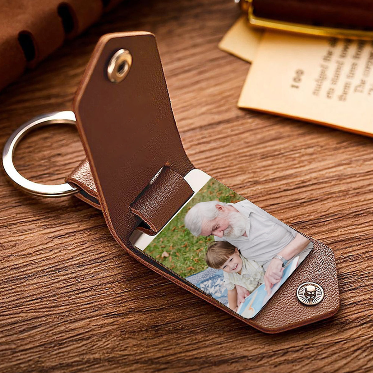 Best Grandpa Ever - Gift for grandpa - Personalized Leather Photo Keychain