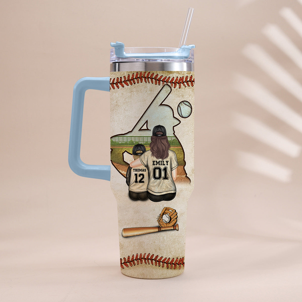 Behind Every Baseball Players Is A Mom - Personalized Baseball Tumbler With Handle