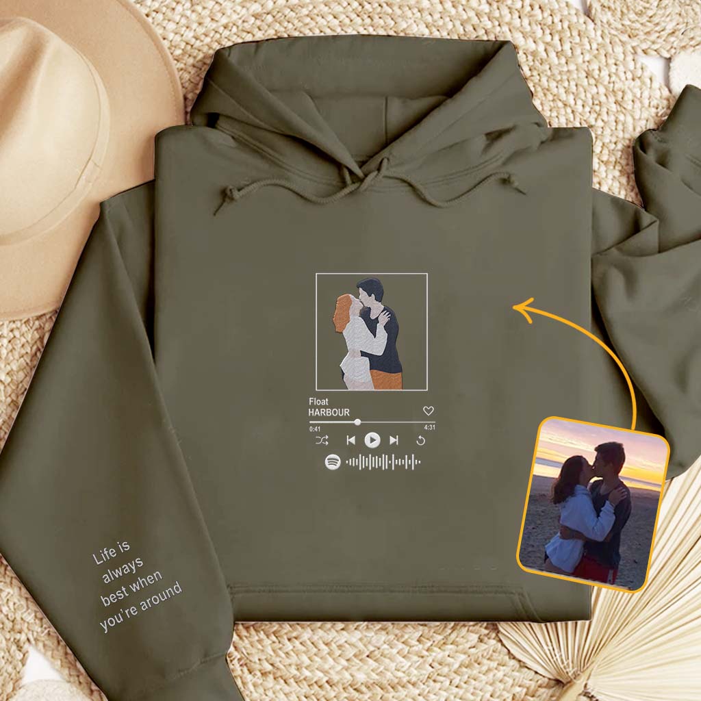 Custom 2D Flat Photo And Soundwave - Personalized Couple Embroidered Hoodie