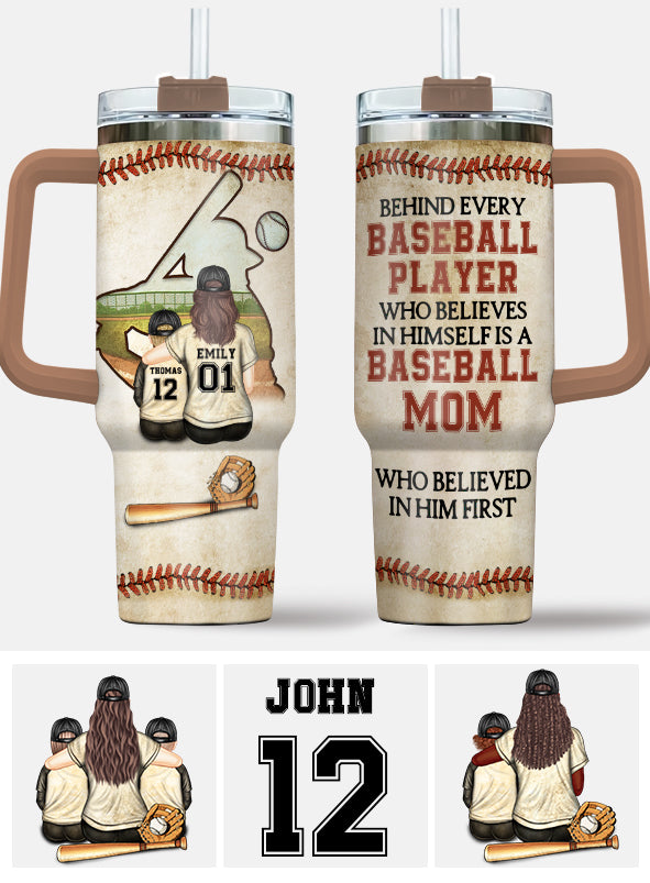 Behind Every Baseball Players Is A Mom - Personalized Baseball Tumbler With Handle