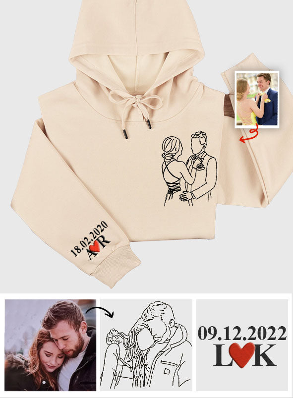 Custom Photo Line Art - Personalized Couple Embroidered Hoodie