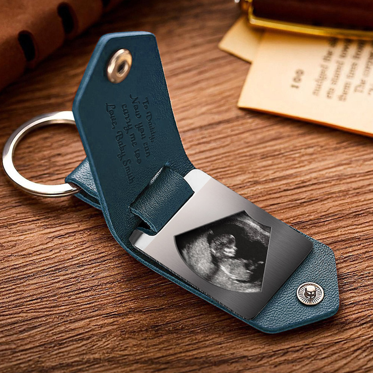 Now You Can Carry Me Daddy - Personalized Pregnancy Leather Photo Keychain