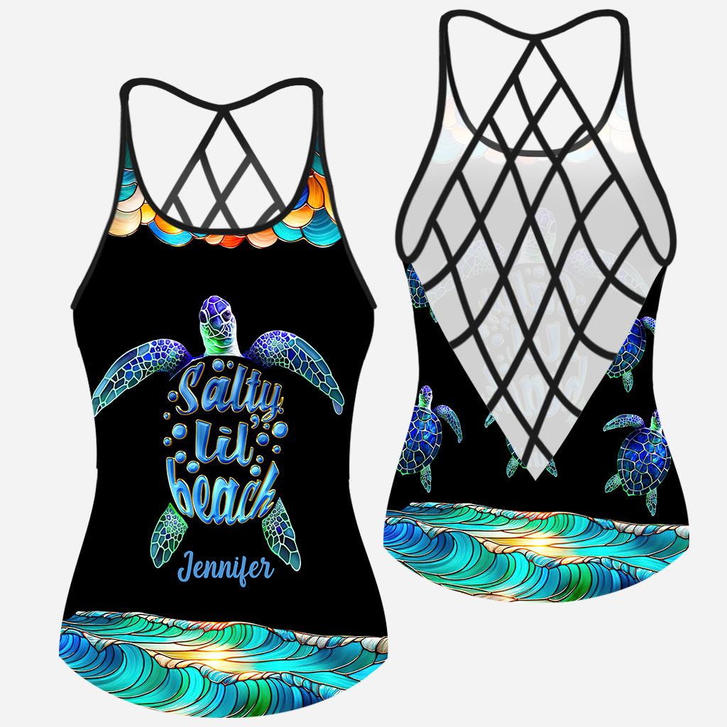Salty Lil Beach Colorful Stained Glass Pattern - Personalized Turtle Cross Tank Top