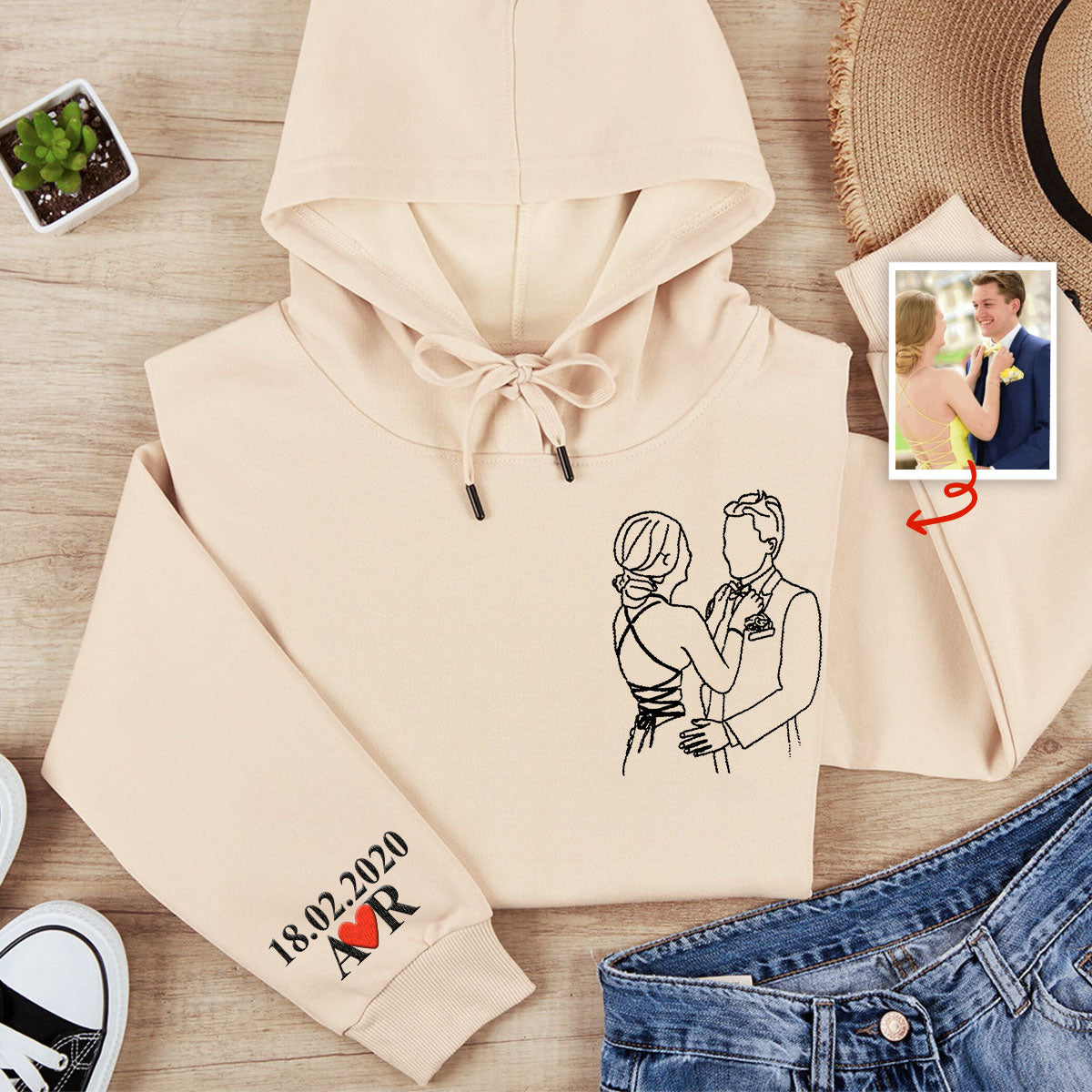 Custom Photo Line Art - Personalized Couple Embroidered Hoodie