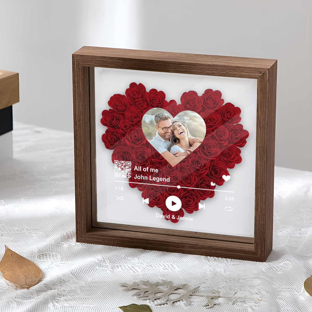 Custom Photo Scannable QR Code Favorite Song - Personalized Couple Flower Shadow Box