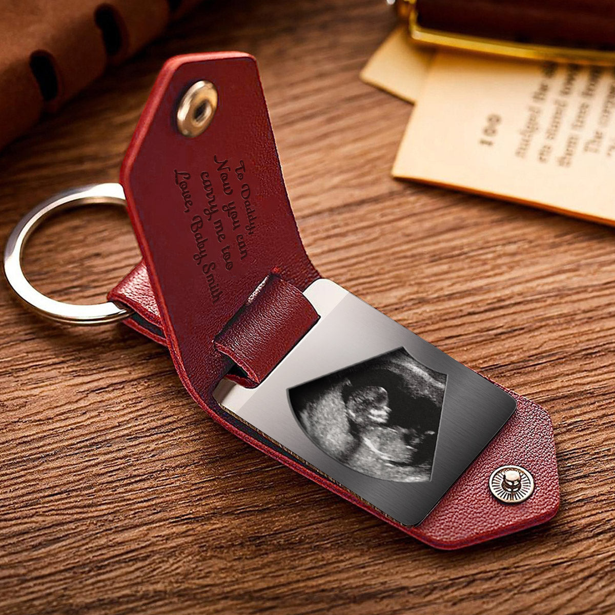 Now You Can Carry Me Daddy - Personalized Pregnancy Leather Photo Keychain