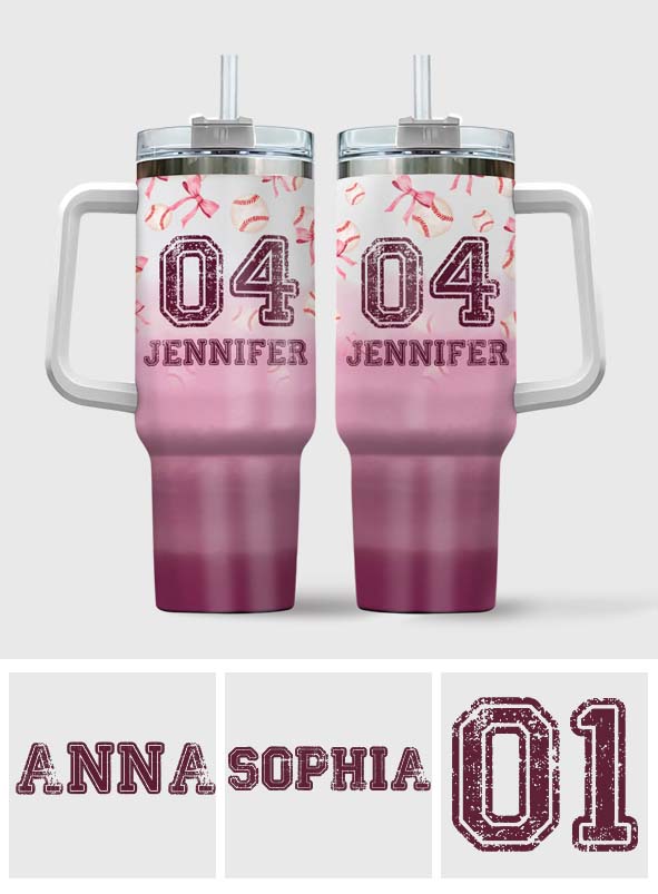 Baseball Coquette Ribbon Pink Gradient - Personalized Baseball Tumbler With Handle